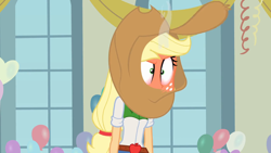 Size: 1280x720 | Tagged: safe, derpibooru import, screencap, applejack, equestria girls, g4, angry, applejack's hat, balloon, belt, burning, clothes, cowboy hat, gym, hat, hat over eyes, meme, my little pony equestria girls, rage face, seething, solo, streamers