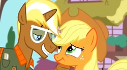 Size: 1170x652 | Tagged: safe, derpibooru import, screencap, applejack, trenderhoof, earth pony, unicorn, g4, simple ways, applejack is best facemaker, applejack's hat, clothes, cowboy hat, duo, duo male and female, female, flirting, hat, horn, male, not sure if want, outdoors, stallion, varying degrees of amusement, varying degrees of want