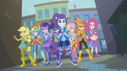 Size: 854x480 | Tagged: safe, derpibooru import, screencap, applejack, fluttershy, pinkie pie, rainbow dash, rarity, sci-twi, sunset shimmer, twilight sparkle, human, better together, equestria girls, g4, super squad goals, female, humane five, humane seven, humane six, outdoors, ponied up, super ponied up