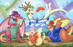 Size: 5100x3300 | Tagged: safe, artist:aleximusprime, derpibooru import, oc, oc only, oc:barb the dragon, oc:billow the dragon, oc:buttercream the dragon, oc:lily the dragon, dragon, flurry heart's story, antlers, arm behind head, cheongsam, chinese, chinese dress, clothes, cute, dragoness, draw me like one of your french girls, dress, eastern dragon, eastern drake, fan, fat, female, flirting, kimono (clothing), long, long dragon, lying down, northern drake, one eye closed, outdoors, paper fan, plump, sexy, southern drake, sultry pose, tuanshan, wings, wink, year of the dragon