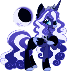 Size: 2211x2324 | Tagged: safe, artist:strawberry-spritz, derpibooru import, princess luna, oc, oc:solemn lullaby, alicorn, pony, g4, alternate cutie mark, alternate design, alternate hairstyle, alternate mane color, alternate tail color, alternate tailstyle, base used, black wings, blaze (coat marking), blue coat, blue eyes, blue hooves, blue sclera, blue wingtips, coat markings, colored eyelashes, colored hooves, colored legs, colored pinnae, colored sclera, colored wings, colored wingtips, ear fluff, ears, ethereal mane, eyeshadow, facial markings, female, gradient mane, gradient tail, hooves, jewelry, kinsona, leg markings, lidded eyes, long mane, long tail, looking back, makeup, mare, open mouth, open smile, peytral, purple eyelashes, purple eyeshadow, raised hoof, raised leg, simple background, small wings, smiling, snip (coat marking), socks (coat marking), solo, standing on three hooves, starry mane, starry tail, tail, tiara, transparent background, two toned mane, two toned tail, two toned wings, wings