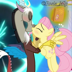 Size: 1280x1280 | Tagged: safe, derpibooru import, editor:daughteroffluttercord, discord, fluttershy, g4, the last problem, bag, discoshy, female, flower, flower in hair, kissing, lunch bag, male, older, older fluttershy, portal, shipping, signature, straight