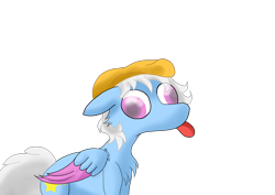 Size: 3508x2480 | Tagged: safe, artist:scrauso, derpibooru import, oc, oc only, oc:erein rorien, pegasus, pony, beret, blue coat, blue fur, chest fluff, clothes, colored wings, cute, ears back, funny, funny face, hat, male, multicolored wings, pegasus oc, pink eyes, simple background, solo, tongue, tongue out, transparent background, white mane, wings