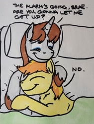 Size: 1549x2048 | Tagged: safe, artist:hoofclid, derpibooru import, braeburn, oc, oc:hoofclid, earth pony, pony, unicorn, g4, bed, canon x oc, cuddling, dialogue, duo, duo male, eyes closed, gay, horn, in bed, male, marker drawing, overhead view, shipping, smiling, stallion, traditional art