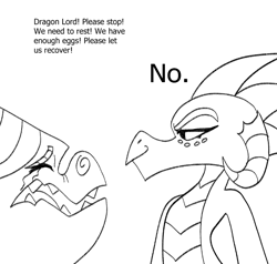 Size: 702x668 | Tagged: safe, artist:klondike, derpibooru import, princess ember, dragon, g4, black and white, chad, dialogue, duo, grayscale, implied sex, meme, monochrome, no, nordic gamer, simple background, teenaged dragon, white background, yes