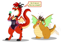 Size: 5525x3867 | Tagged: safe, artist:aleximusprime, derpibooru import, oc, oc only, oc:alex the chubby dragon, oc:starr, oc:sterrdergon, dragon, christianity, clothes, cross, cross necklace, crucifix, dragon oc, dragoness, dragonsona, duo, duo male and female, fat, female, food, gift art, hand on hip, hands on cheeks, heart, heart eyes, ice cream, in love, jewelry, male, male and female, necklace, necromancer swimsuit, non-pony oc, northern drake, simple background, small wings, speech bubble, spread wings, swimsuit, tail, tail wag, tongue, tongue out, transparent background, wingding eyes, wings