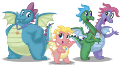 Size: 5076x2768 | Tagged: safe, artist:aleximusprime, derpibooru import, dragon, brother and sister, cassie (dragon tales), chubby, cute, dragon tales, fat, female, g4 style, horns, jewelry, male, multiple heads, necklace, ord, pendant, plump, siblings, simple background, transparent background, twins, two heads, two-headed dragon, zack and wheezie