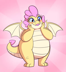 Size: 859x930 | Tagged: safe, artist:starrceline, artist:starrtoon, derpibooru import, oc, oc only, oc:buttercream the dragon, dragon, flurry heart's story, blushing, cheek squish, cute, dragon oc, dragoness, fat, female, floating eyebrows, heart shaped, non-pony oc, northern drake, plump, solo, spike's sister, spread wings, squishy cheeks, sunburst background, tongue, tongue out, wings