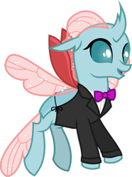 Size: 510x686 | Tagged: safe, artist:byteslice, derpibooru import, ocellus, changedling, changeling, g4, .svg available, bowtie, clothes, female, flying, necktie, simple background, solo, svg, transparent background, tuxedo, vector