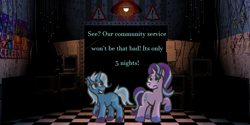 Size: 2000x1000 | Tagged: safe, artist:zoeyhorse, derpibooru import, starlight glimmer, trixie, pony, unicorn, g4, duo, duo female, female, five nights at freddy's, horn, indoors, lesbian, shipping, startrix, this will end in death, this will end in tears, this will end in tears and/or death