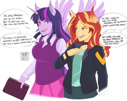 Size: 2048x1623 | Tagged: safe, artist:inkrred, derpibooru import, sunset shimmer, twilight sparkle, human, equestria girls, g4, alicorn humanization, book, breasts, colored eartips, dialogue, duo, duo female, eared humanization, female, headlight sparkle, horn, horned humanization, humanized, lesbian, shipping, signature, simple background, speech bubble, sunsetsparkle, white background, winged humanization, wings