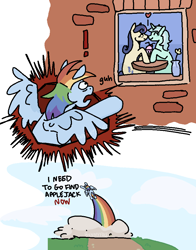 Size: 722x923 | Tagged: safe, artist:bvnnyface, derpibooru import, bon bon, lyra heartstrings, rainbow dash, sweetie drops, earth pony, pegasus, pony, unicorn, g4, 2 panel comic, comic, dialogue, female, flying, heart, horn, implied appledash, implied lesbian, implied shipping, kiss on the lips, kissing, lesbian, lyrabon, mare, rainbow, shipping, spread wings, wings