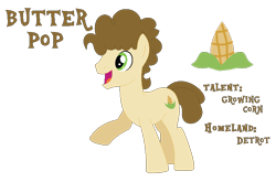 Size: 776x511 | Tagged: safe, artist:moonlightthegriffon, derpibooru import, oc, oc only, oc:butter-pop, earth pony, pony, base used, bio in description, corn, cutie mark, food, happy, male, open mouth, open smile, raised hoof, raised leg, simple background, smiling, solo, stallion, text, transparent background