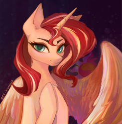 Size: 2488x2543 | Tagged: safe, artist:sunlight-twinkle, derpibooru import, sunset shimmer, alicorn, pony, g4, abstract background, alicornified, cutie mark background, female, hooves to the chest, mare, one wing out, race swap, raised hooves, shimmercorn, signature, slender, smiling, solo, thin, three quarter view, wings