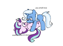 Size: 548x402 | Tagged: safe, artist:driftwoodpony, derpibooru import, starlight glimmer, trixie, pony, unicorn, g4, blushing, duo, duo female, female, horn, lesbian, looking at each other, looking at someone, mare, no pupils, pinned, shipping, simple background, smiling, startrix, wavy mouth, white background