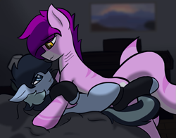 Size: 827x650 | Tagged: safe, artist:inveniris, derpibooru import, oc, oc:compiavelli, oc:cyaera, original species, pony, shark, shark pony, undead, vampire, vampony, bed, clothes, duo, leg warmers, lying down, lying on bed, male, on bed, snuggling