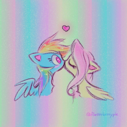 Size: 990x990 | Tagged: safe, artist:flutterberrypie, derpibooru import, fluttershy, rainbow dash, pegasus, pony, g4, blushing, duo, duo female, eyes closed, female, flutterdash, heart, kissing, lesbian, mare, partially open wings, shipping, wings