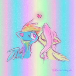 Size: 1077x1077 | Tagged: safe, alternate version, artist:flutterberrypie, derpibooru import, fluttershy, rainbow dash, pegasus, pony, g4, blushing, duo, duo female, eyes closed, female, flutterdash, heart, kissing, lesbian, mare, partially open wings, shipping, wings