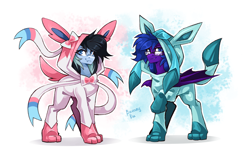 Size: 3536x2182 | Tagged: safe, artist:buvanybu, derpibooru import, oc, oc:cyaera, oc:sophiabatty, bat pony, pony, undead, vampire, vampony, clothes, costume, duo, female, glaceon, kigurumi, male, pokémon, raised hoof, raised leg, smiling, sylveon