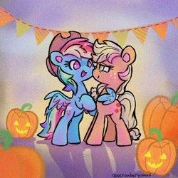 Size: 800x800 | Tagged: safe, artist:flutterberrypie, derpibooru import, applejack, rainbow dash, earth pony, pegasus, pony, accessory swap, appledash, applejack's hat, clothes, cowboy hat, duo, duo female, female, freckles, halloween, hat, holiday, hug, jack-o-lantern, lesbian, mare, open mouth, open smile, pumpkin, rainbow dash wearing applejack's hat, shipping, smiling, smiling at someone, spread wings, tail, winghug, wings