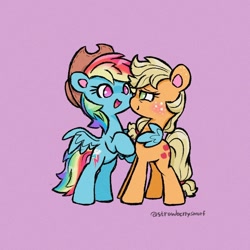 Size: 800x800 | Tagged: safe, alternate version, artist:flutterberrypie, derpibooru import, applejack, rainbow dash, earth pony, pegasus, pony, accessory swap, appledash, applejack's hat, clothes, cowboy hat, duo, duo female, female, freckles, hat, hug, lesbian, mare, open mouth, open smile, rainbow dash wearing applejack's hat, shipping, simple background, smiling, smiling at someone, spread wings, tail, winghug, wings