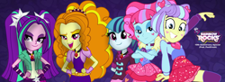 Size: 1952x711 | Tagged: safe, artist:carolina666, artist:gigarainbowdasheqg, artist:shootingstarsentry, derpibooru import, adagio dazzle, aria blaze, kiwi lollipop, sonata dusk, supernova zap, equestria girls, g4, k-lo, mashup, postcrush, rainbow rocks 10th anniversary, su-z