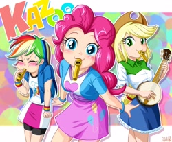 Size: 2288x1892 | Tagged: safe, artist:uotapo, color edit, derpibooru import, edit, editor:overlord 2, applejack, pinkie pie, rainbow dash, human, equestria girls, g4, :3, abstract background, banjo, blowing, blushing, breasts, clothes, cute, dashabetes, delicious flat chest, diabetes, diapinkes, eyes closed, female, freckles, jackabetes, kazoo, light skin, looking at you, musical instrument, puffy cheeks, rainblow dash, rainbow flat, red face, shirt, skin color edit, skirt, small breasts, sweat, trio, uotapo is trying to murder us, weapons-grade cute