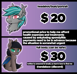 Size: 2000x1929 | Tagged: safe, artist:andaluce, derpibooru import, oc, oc only, oc:black night, oc:malachite cluster, bat pony, pony, advertisement, bust, chest fluff, commission, commission info, commission open, ear fluff, ears, fluffy, male, price sheet, sitting, stallion, text