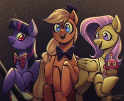 Size: 1024x832 | Tagged: safe, artist:explosivepearl, derpibooru import, applejack, fluttershy, twilight sparkle, earth pony, pegasus, pony, robot, robot pony, unicorn, bonnie (fnaf), bowtie, chica, crossover, electric guitar, female, five nights at freddy's, freddy fazbear, guitar, horn, mare, musical instrument, necktie