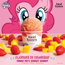 Size: 2391x2391 | Tagged: safe, derpibooru import, pinkie pie, earth pony, equestria daily, female, flavors of friendship, food, fruit, ice cream, kind kones, kind kones (ice cream store), mango, pineapple, pinkie pie's sunset sorbet, singapore, strawberry