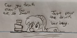 Size: 1961x977 | Tagged: safe, artist:pony quarantine, derpibooru import, oc, oc only, earth pony, pony, bar, dialogue, female, grayscale, hat, mare, monochrome, offscreen character, pen drawing, smol, solo, traditional art