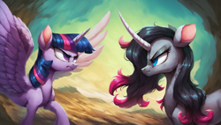 Size: 2560x1456 | Tagged: safe, ai content, derpibooru import, machine learning generated, oleander, twilight sparkle, twilight sparkle (alicorn), alicorn, classical unicorn, pony, unicorn, them's fightin' herds, community related, duo, horn, looking at each other, looking at someone, prompter:cypher, spread wings, wings