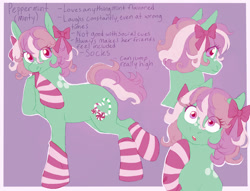 Size: 1700x1300 | Tagged: safe, artist:abbytabbys, derpibooru import, minty, oc, oc:peppermint (abbytabbys), earth pony, pony, g3, alternate design, alternate hairstyle, alternate mane color, alternate name, alternate tail color, alternate universe, bangs, bipedal, border, bow, clothes, coat markings, colored eyelashes, colored pupils, cute, earth pony oc, eye clipping through hair, eyebrows, eyebrows visible through hair, eyelashes, facial markings, female, female oc, fluffy mane, green coat, hair accessory, hair bow, life's an adventure au, looking at you, mane accessory, mare, mare oc, mint coat, minty (g4), mintybetes, multiple angles, nom, outline, passepartout, pink bow, pink eyelashes, pink eyes, pink mane, pink pupils, pink socks, pink tail, purple background, purple text, raised eyebrow, raised hoof, raised leg, reference sheet, short mane, simple background, smiling, smiling at you, socks, solo, spots, standing, striped socks, tail, tall ears, that pony sure does love socks, three quarter view, three toned mane, three toned tail, triality, wall of tags