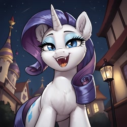 Size: 1024x1024 | Tagged: safe, ai content, derpibooru import, generator:pony diffusion v6 xl, generator:stable diffusion, machine learning generated, rarity, pony, unicorn, g4, canterlot, fangs, horn, low angle, night, prompter:thelight3d, solo, street lamp