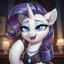 Size: 1024x1024 | Tagged: safe, ai content, derpibooru import, generator:pony diffusion v6 xl, generator:stable diffusion, machine learning generated, rarity, unicorn, g4, castle, fangs, horn, jewelry, necklace, prompter:thelight3d