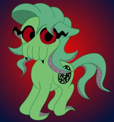 Size: 1297x1384 | Tagged: safe, artist:dhm, derpibooru import, oc, oc only, oc:cthony, pony, body horror, cthulhu, cute, eldritch abomination, fangs, freckles, gradient background, looking at you, lovecraft, red eyes, sigil, solo, tendrils, tentacles