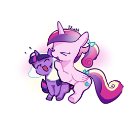 Size: 2048x2048 | Tagged: safe, artist:izuchi, derpibooru import, princess cadance, twilight sparkle, unicorn twilight, alicorn, pony, unicorn, g4, cute, cutedance, duo, duo female, female, filly, filly twilight sparkle, foal, horn, simple background, teen princess cadance, twiabetes, white background, younger