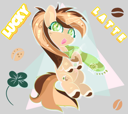 Size: 4607x4100 | Tagged: safe, artist:winstiky, derpibooru import, oc, oc only, oc:lucky latte, pony, unicorn, clothes, clover, coffee beans, coffee cup, colored hooves, cup, freckles, hooves, horn, scarf