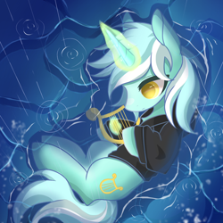 Size: 1240x1240 | Tagged: safe, artist:frostdew55252, derpibooru import, lyra heartstrings, pony, unicorn, fanfic:background pony, clothes, dig the swell hoodie, female, glowing, glowing horn, hoodie, horn, lying down, lyre, mare, musical instrument, on floor, on side, rain, solo, wet, wet floor