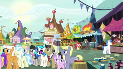 Size: 1280x720 | Tagged: safe, derpibooru import, screencap, aloe, amethyst star, apple bloom, brolly, burnt oak, cloud kicker, crescent pony, cultivar, derpy hooves, diamond tiara, dj pon-3, emerald green, filthy rich, green gem, lotus blossom, mane moon, octavia melody, rainbow stars, sparkler, star hunter, sunshower raindrops, vinyl scratch, whitewash, pony, g4, it isn't the mane thing about you, cosmic (g4), high note, ponyville, stormfeather