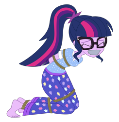 Size: 2081x2123 | Tagged: safe, artist:nie-martw-sie-o-mnie, derpibooru import, sci-twi, twilight sparkle, human, equestria girls, g4, legend of everfree, barefoot, bondage, bound and gagged, clothes, eyes closed, feet, female, femsub, gag, glasses, kneeling, pajamas, rope, rope bondage, simple background, solo, submissive, tape, tape gag, transparent background, twisub