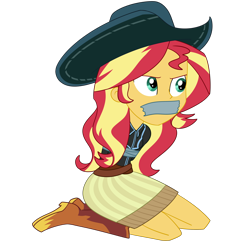 Size: 2500x2500 | Tagged: safe, artist:nie-martw-sie-o-mnie, derpibooru import, sunset shimmer, human, dance magic, equestria girls, g4, bondage, boots, clothes, cowboy boots, cowboy hat, cowgirl, equestria girls specials, female, femsub, gag, hat, kneeling, shoes, simple background, skirt, solo, submissive, subset, tape, tape bondage, tape gag, transparent background