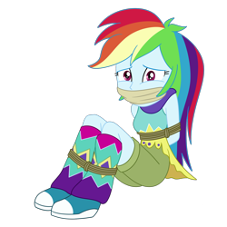 Size: 2000x2000 | Tagged: safe, artist:nie-martw-sie-o-mnie, derpibooru import, rainbow dash, human, equestria girls, g4, legend of everfree, bondage, bound and gagged, cloth gag, clothes, dashsub, female, femsub, gag, leg warmers, looking at you, rope, rope bondage, shorts, simple background, sitting, solo, submissive, transparent background