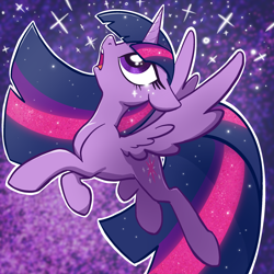 Size: 2048x2048 | Tagged: safe, artist:pfeffaroo, derpibooru import, part of a set, twilight sparkle, twilight sparkle (alicorn), alicorn, pony, g4, abstract background, concave belly, cute, ears, female, floppy ears, flying, glitter, high res, horn, long mane, long tail, looking up, mare, open mouth, outline, profile, solo, sparkles, spread wings, tail, twiabetes, white outline, wings