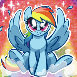 Size: 2048x2048 | Tagged: safe, artist:pfeffaroo, derpibooru import, part of a set, rainbow dash, pegasus, pony, g4, abstract background, big eyes, cute, dashabetes, feather, feathered wings, female, front view, full face view, glitter, high res, looking at you, mare, outline, sitting, smiling, smiling at you, solo, sparkles, spread wings, underhoof, white outline, wings