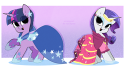 Size: 3068x1743 | Tagged: safe, artist:syrupyyy, derpibooru import, part of a set, rarity, twilight sparkle, unicorn twilight, pony, unicorn, g4, clothes, dress, duo, duo female, ear piercing, earring, eye clipping through hair, eyeshadow, female, gala dress, hoof shoes, horn, jewelry, makeup, mare, no iris, open mouth, open smile, piercing, raised hoof, raised leg, smiling