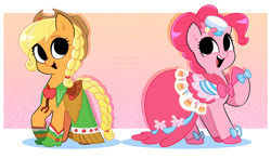 Size: 2979x1743 | Tagged: safe, artist:syrupyyy, derpibooru import, part of a set, applejack, pinkie pie, earth pony, pony, g4, alternate hairstyle, applejack's hat, boots, braid, braided tail, clothes, cowboy boots, cowboy hat, cute, diapinkes, dress, duo, duo female, female, freckles, gala dress, hat, hoof shoes, jackabetes, mare, no iris, open mouth, open smile, raised hoof, raised leg, shoes, smiling, tail