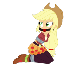 Size: 2000x2000 | Tagged: safe, artist:nie-martw-sie-o-mnie, derpibooru import, applejack, human, equestria girls, friendship games, g4, applesub, ballgag, bondage, bound and gagged, clothes, cowboy hat, female, femsub, gag, hat, kneeling, leggings, school spirit, simple background, solo, submissive, tape, tape bondage, transparent background