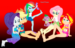 Size: 1238x799 | Tagged: safe, derpibooru import, applejack, fluttershy, rainbow dash, rarity, sunset shimmer, dog, equestria girls, g4, barefoot, feet, female, fetish, foot fetish, foot focus, gradient background, group, pinkie pie swimsuit, soles, summer