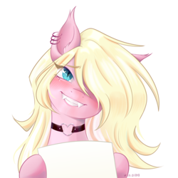 Size: 3000x3000 | Tagged: safe, artist:vieta, derpibooru import, oc, oc only, oc:leaenala, bat pony, pony, bat pony oc, blonde, blonde hair, blue eyes, bust, choker, collar, colored eyebrows, ear fluff, ear piercing, ear tufts, earring, ears, embarrassed, eye clipping through hair, eyebrows, eyebrows visible through hair, eyelashes, fangs, female, fluffy hair, fluffy mane, hair ribbon, jewelry, long eyelashes, long hair, looking at you, mare, multicolored hair, multicolored mane, paper, piercing, pigtails, pink coat, portrait, raised eyebrows, ribbon, signature, simple background, smiling, smiling at you, smirk, solo, striped hair, striped mane, two toned hair, two toned mane, white background, white hair